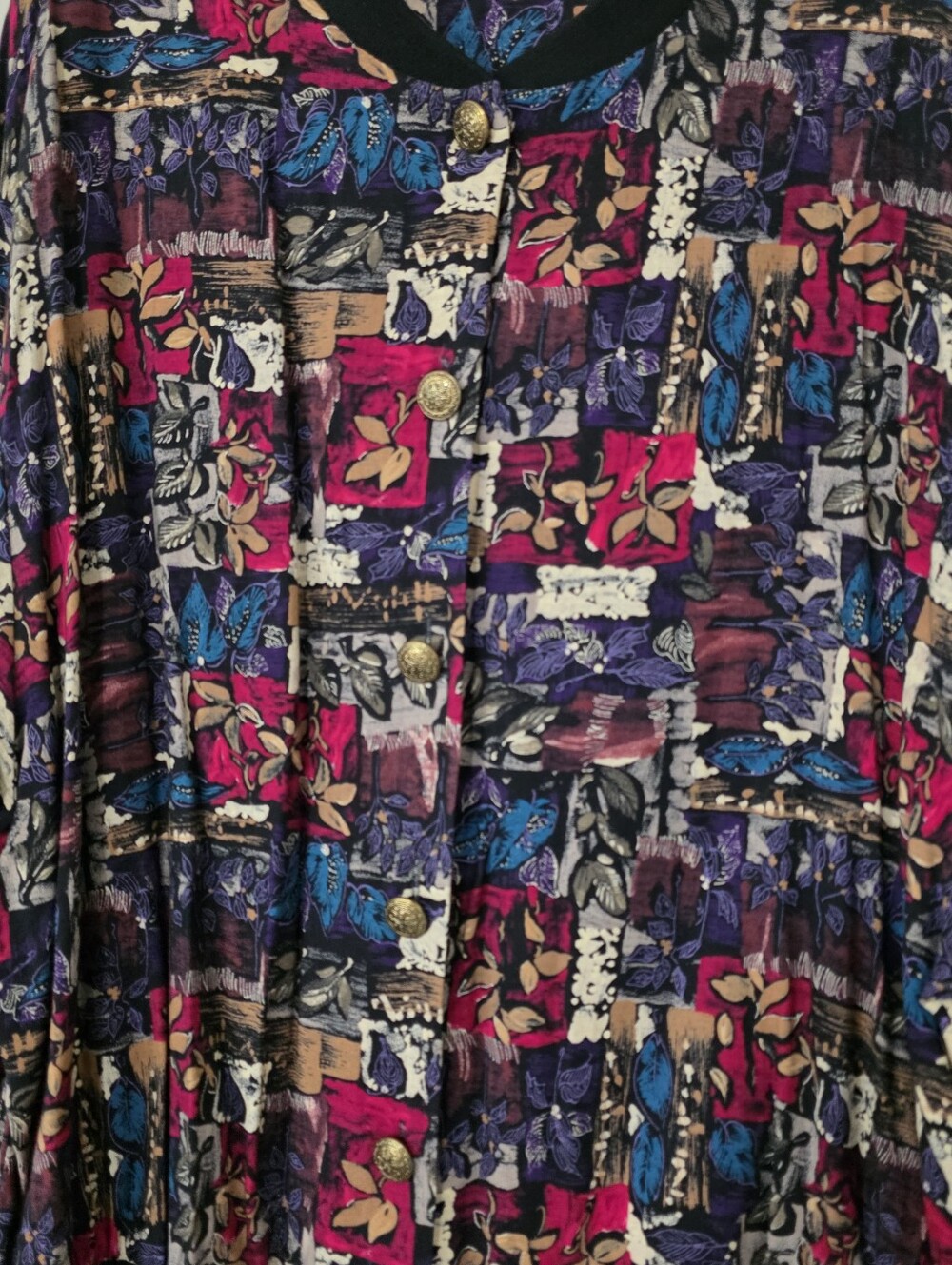 Vintage Southern Lady Bomber Blouse Jewel Tones Botanical Art To Wear Patchwork